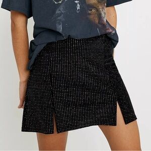 Urban Outfitters UO Black Velvet Glitter Notched Mini Skirt Size Small